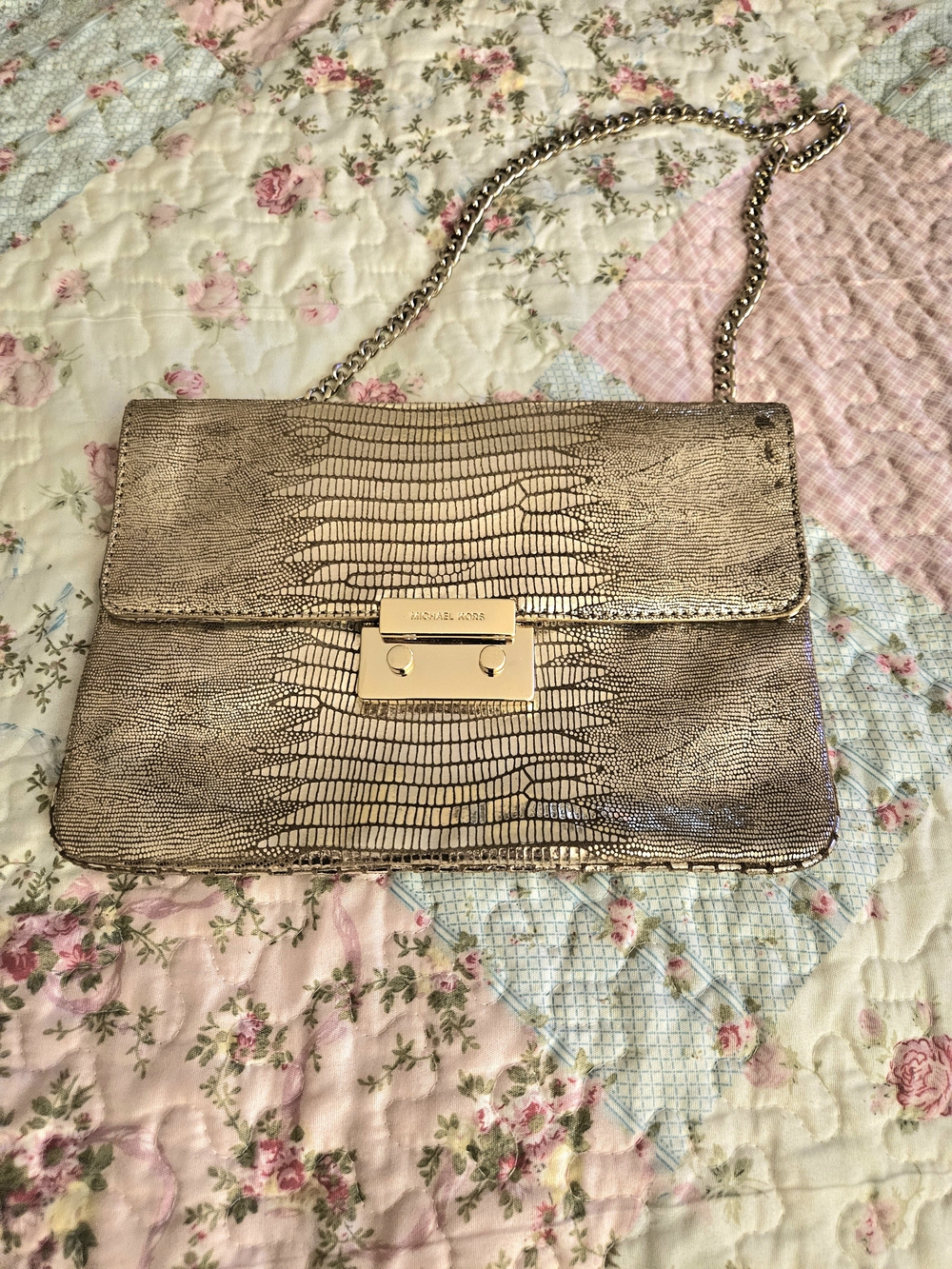 Michael Kors Metallic Gold Lizard-Embossed Chain Shoulder Bag